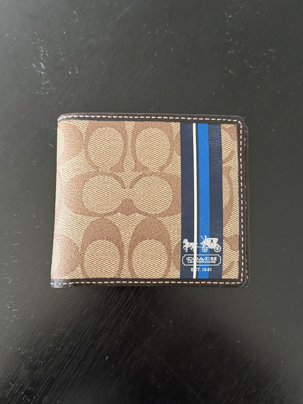 Coach Brown Signature Canvas Bifold Wallet with Blue Stripe Accent